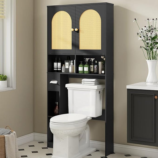 Over The Toilet Storage Cabinet, Wood Over Toilet Bathroom Organizer Cabinet with 2 Doors, Freestanding Home Space Save Toilet Rack for Restroom, Bathroom, Laundry, Black