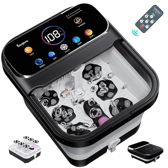 Foot Spa Electric Rotary Massage, with Touchscreen Pro Color Display, Collapsible Foot Bath with Heat, Bubble,Remote Control, Adjustable Temp Control, and 24 Motorized Shiatsu Massage Balls (Black)