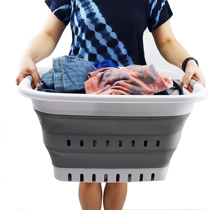 SAMMART 37L (9.77 gallon) Collapsible Plastic Laundry Basket - Foldable Pop Up Storage Container/Organizer - Space Saving Hamper/Basket (1, White/Grey)
