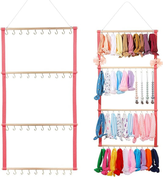 Baby Headband Organizer - Bow Holder & Clip Storage for Girls' Hair Bows - Wall Hanging Decor (Pink)