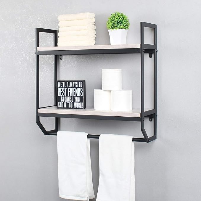 2-Tier Metal Industrial 23.6" Bathroom Shelves Wall Mounted,Rustic Wall Shelf Over Toilet,Towel Rack with Towel Bar,Utility Storage Shelf Rack, Floating Shelves Towel Holder,Retro White