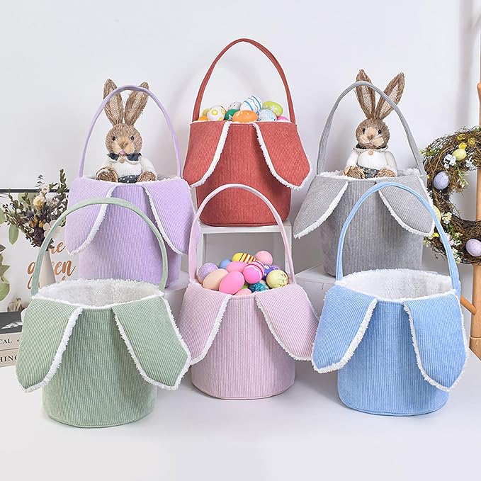 Easter Bunny Basket, Cute Easter Bucket Bags with Rabbit Ears for Easter Eggs Hunting, Plush Easter Bunny Basket, Easter Tote Bags for Candy Storage Decorations (Purple)