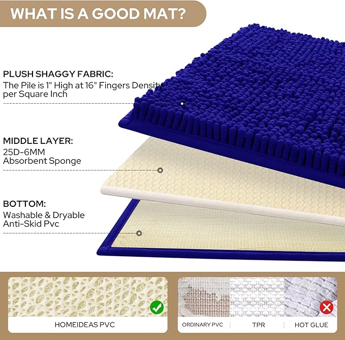 HOMEIDEAS 3 Pieces Bathroom Rugs, Ultra Soft Non Slip Absorbent Chenille Toilet Bath Mat Set (Royal Blue)