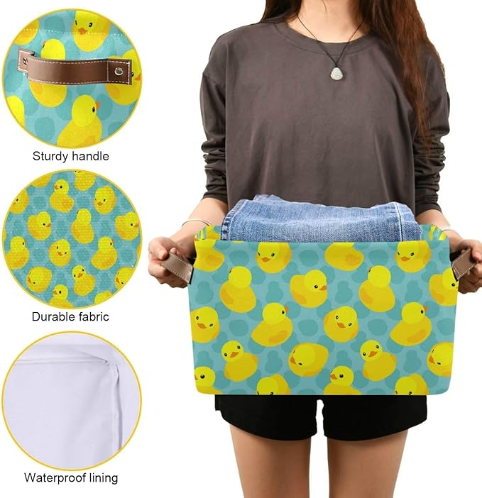 Rectangular Storage Bin Yellow Rubber Duck Basket with Handles - Organizer Bin for Toys, Books, Laundry Basket for Kids/Pets, Playroom