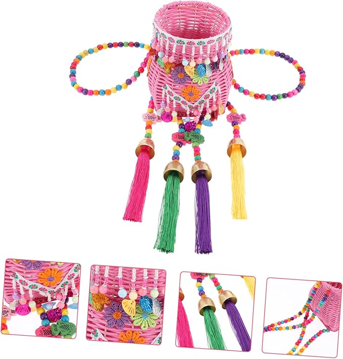Boys and Girls Basket Weaving Tassel Backpack Ethnic Pack Basket Nursery Storage Boys and Girls