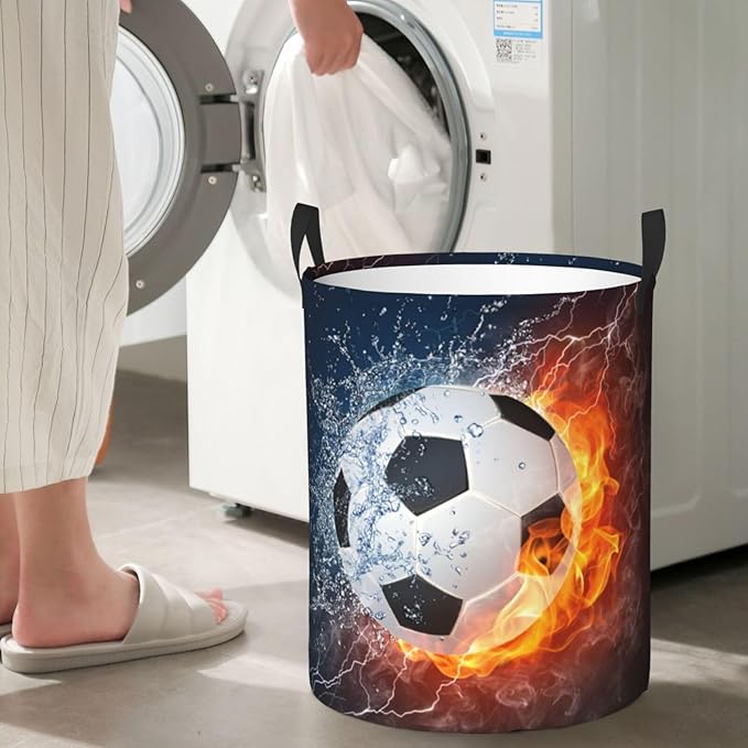 Soccer Ball In Fire And Water Round Laundry Hamper Sport Football Storage Basket Toys Clothes Organizer Bin For Home Bathroom Bedroom Dorm Nursery, 62l