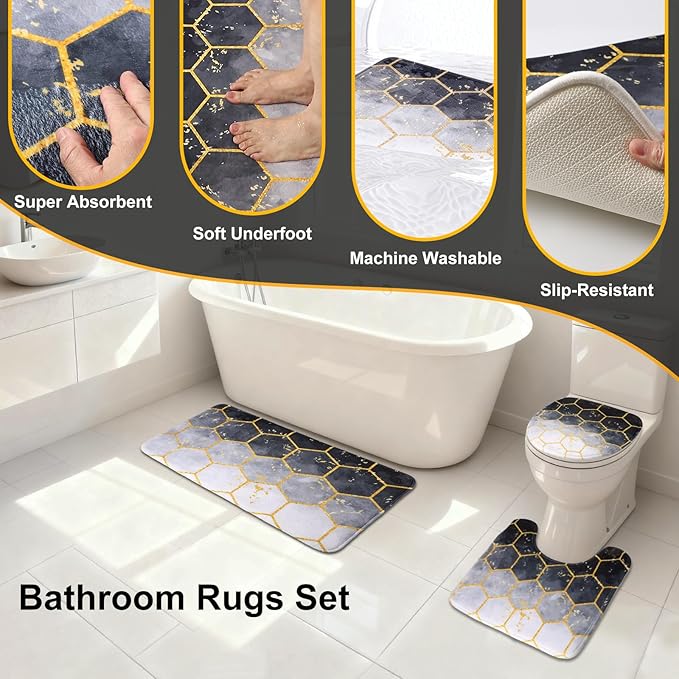 25 Pieces Bathroom Set Black and Gold Bathroom Accessories Set, Shower Curtain and Rugs, Trash Can, Toilet Brush, Soap Dispenser, Soap Dish, Toothbrush Holder, Tumbler, Tray, Qtip Holder