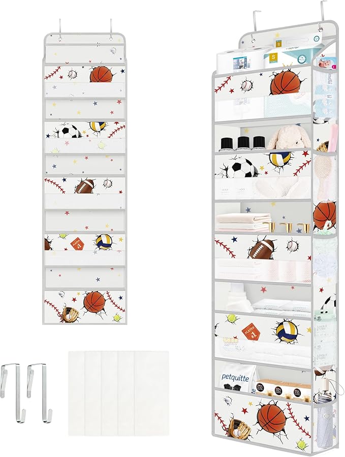Clastyle Ball Over The Door Organizer Star Nursery Hanging Storage Organizer for Boys Clothes Diaper Toy Closet Door Hanging Shelf Storage for Bedroom Bathroom Pantry, Sport, 5-Tier