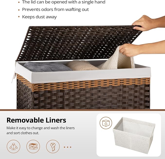 OIAHOMY Storage Basket with Lid, 42.3 Gallon (160L) Blanket Basket with Removable Liner Bag, Synthetic Wicker Hamper with Handle, Foldable, Hamper for Living Room, Brown