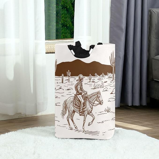 Western Wild West Desert Cowboy Large Laundry Hamper Basket, Foldable Laundry Bag Storage Bins Baskets with Handles for Laundry, Bedroom, Home Decor