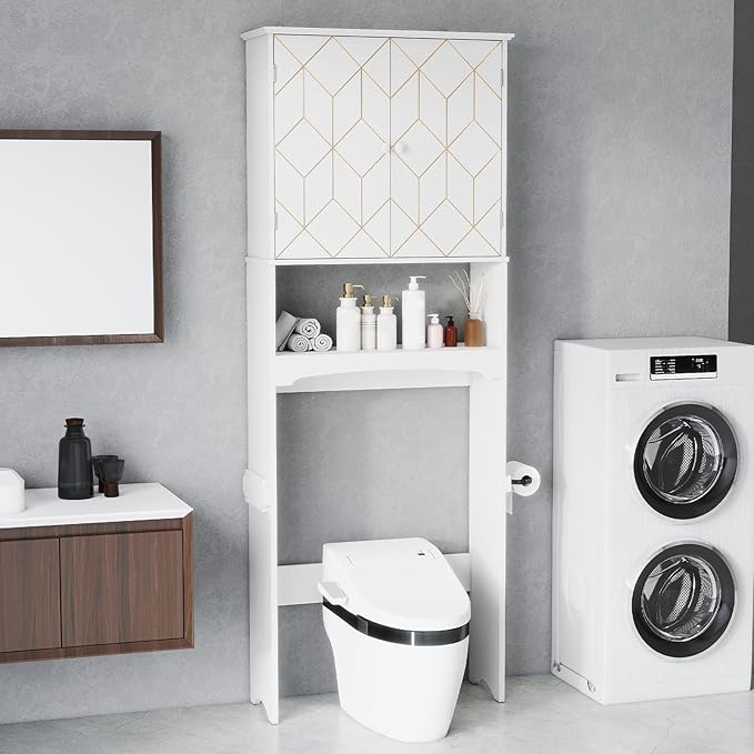 HLR Over The Toilet Storage Cabinet with Gold Trim, Over Toilet Bathroom Organizer with Adjustable Shelves and Toilet Paper Holder, Above Toilet Storage Cabinet Spacesaver for Bathroom(White)