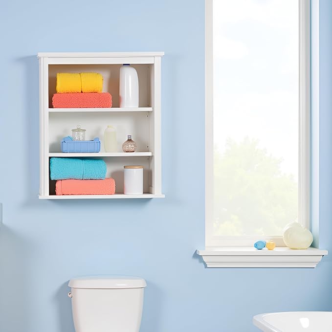 Dorset Wall Mounted Bath Storage Cabinet, 27 in. W x 29 in. H, White, Two Open Shelves, Zinc Metal Hinges, Easy Mount French Cleat System, Ideal for Bathroom Organization and Space Saving