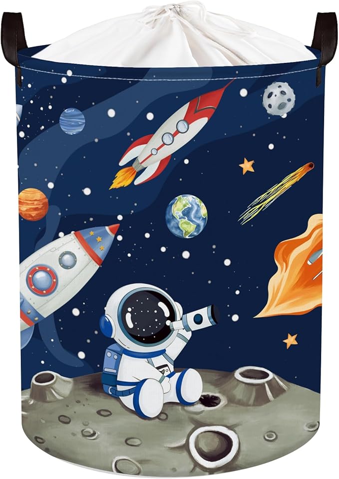 Space Rockets Laundry Hamper Cartoon Astronaut Large Storage Basket Planet Collapsible Parents Organizer Boys Clothes Toy Bins for Bedroom, Bathroom, Blue, 63L