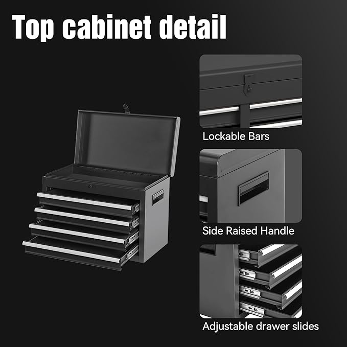 5-Drawer Rolling Tool Chest & Cabinet With Detachable Top Box - Heavy-Duty Metal Tool Cart With 4 Hooks, Lockable Drawers & 4 Wheels For Garage, Workshop, And Automotive Organization(Black)