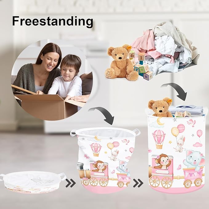 Clastyle Collapsible Large Pink Train Animals Kid Laundry Hamper for Girl Flower Elephant Lion Clothes Toy Storage Basket with Lid for Nursery