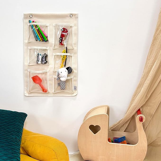 Beige Canvas Wall Organizer: 6 Clear Pockets for Mail & Supplies + 2 Hooks, Multi-Purpose Hanging Storage for Home or Office