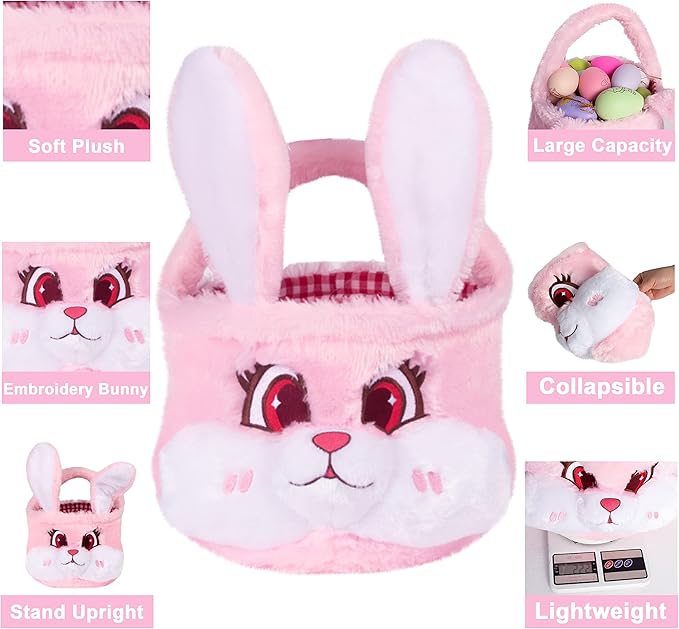 LUBOT Easter Basket for Kids 3D (9inch*9inch) Plush Bunny Baskets with Foldable Ears Egg Hunts bucket for Boys and Girls Easter Decoration Bag Gift, Pink