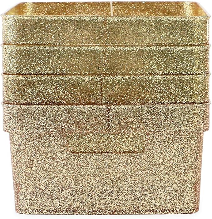 Isaac Jacobs Small Glitter Storage Bin (10” x 7.5” x 4.25”) Set w/Cut-Out Handles, Plastic Organizer, Multi-Functional, Home Storage Solution, Kids Playroom, Bedroom, Closet (4, Gold)