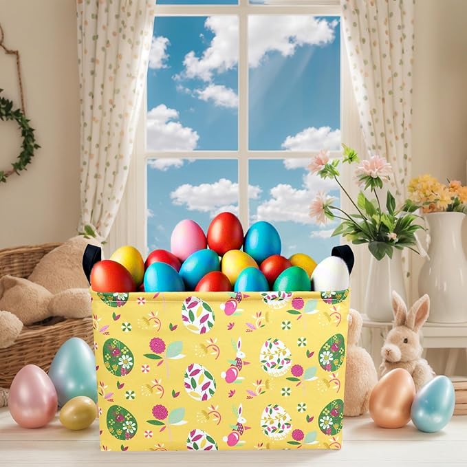 Kid Large Empty Easter Basket Personalized Fabric Bunny Easter Basket for Boy and Girl (Art Rabbit Easter Egg)