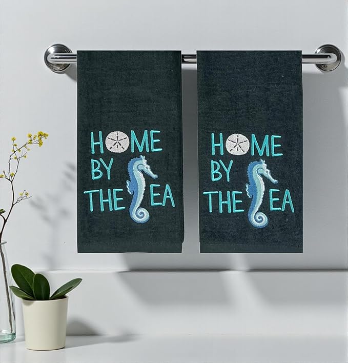 Home by The Sea Embroidered Seahorse Guest Hand Bath Towels, 2 Piece Set, 100% Cotton, Dark Gray