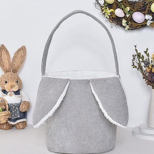 Easter Bunny Basket, Cute Easter Bucket Bags with Rabbit Ears for Easter Eggs Hunting, Plush Easter Bunny Basket, Easter Tote Bags for Candy Storage Decorations (Grey)