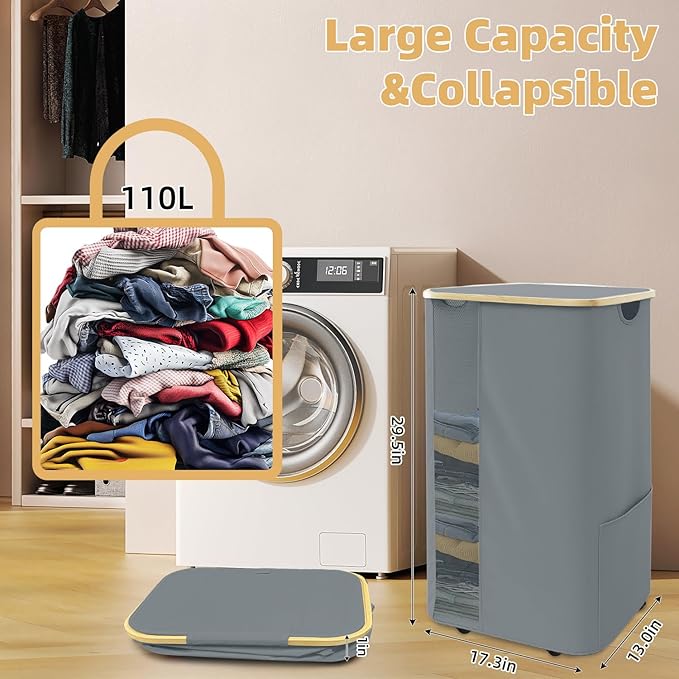 Rolling Laundry Hamper with Lid & Wheels, 110L Slim Double Grey Laundry Hamper 2 Section, Narrow Large Laundrys Hampers with Removable Bags&Breathable Mesh, Dirty Clothes Hampers for Bedroom