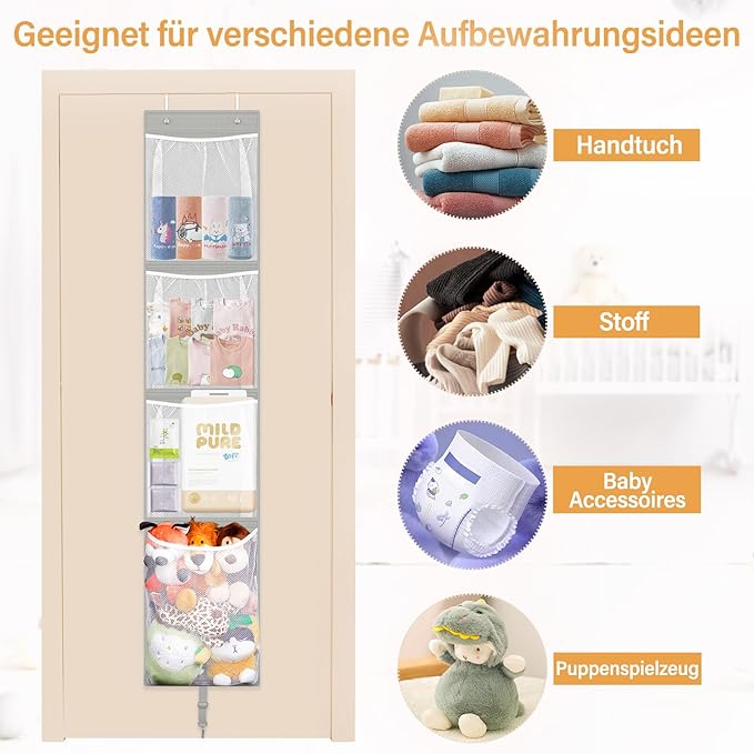 Stuffed Animal Storage Over Door, Hanging Toy Organizer, Plush Doll & Bear Baby Accessory Holder Idea for Nursery, 12 Inch Wide Mesh Bag for Bi-Fold Door Closet Girl Boy Kid