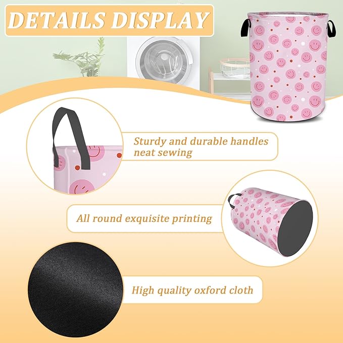 Pink Laundry Basket, Boho Laundry Hamper Foldable Waterproof Oxford Cloth Funny Tote Bag Dirty Clothes Storage Bucket Toy Organizer for Bathroom/Laundry/Bedroom 15.7"x 19.6"
