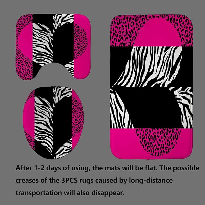 4PCS Hot Pink Leopard Print Shower Curtain Sets with Rugs, Waterproof Fabric Shower Curtain, Love Heart Black and White Zebra Cheetah Print Wildlife Safari Animal Skin Fashion Bathroom Decor