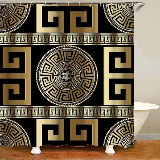 4 Pieces Bath Sets Geometric Black Gold Greek Key Meander,  Anti-Slip Bath Rug Floor Mat Home Decor Waterproof Shower Curtain Bathroom-4-Piece_Set