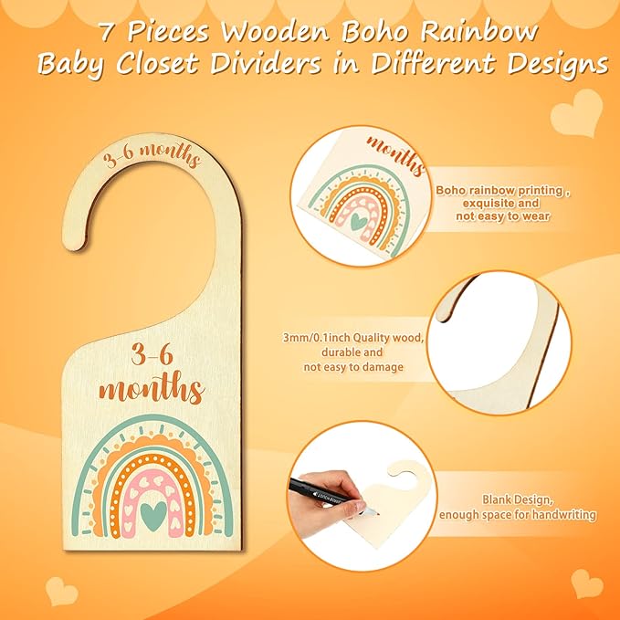 Set of 7 Baby Closet Dividers for Clothes Organizer from Newborn to Toddler Boho Baby Clothes Size Hanger Organizer Rainbow Designs for Nursery Decor