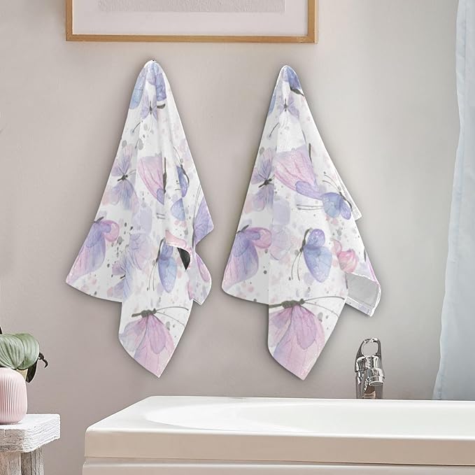 2 Pcs Watercolor Blue Butterfly Decorative Hand Towels for Bathroom,Soft Absorbent Pink Butterflies Pattern Dish Towels for Kitchen,Quick Dry Guest Bathroom Towels for Face,Shower 14"x28"