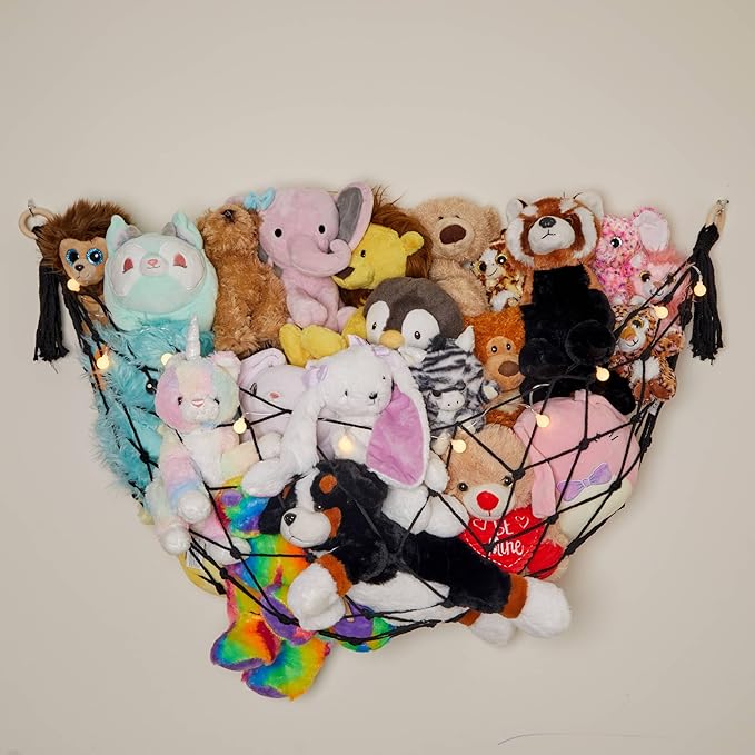 Stuffed Animal Storage Macrame Hammock w/String Lights for Flat Walls, Large - Boho Room Decor Toy Storage - Hanging Plushie Stuffed Animal Net Organizer (Black)