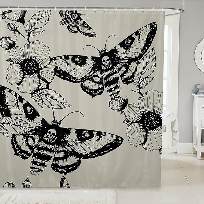 Gothic Skull Bathroom Shower Curtain Set Decorative Death Moth and Flowers Bath Curtain Kids Stalls Decor Pesonalized Skeleton Bones Shower Curtain Black Cream Waterproof Bathroom Curtains 72"x84"