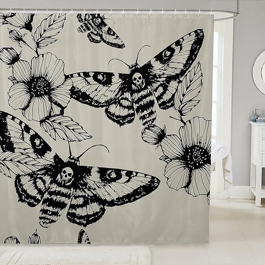 Gothic Skull Bathroom Shower Curtain Set Decorative Death Moth and Flowers Bath Curtain Kids Stalls Decor Pesonalized Skeleton Bones Shower Curtain Black Cream Waterproof Bathroom Curtains 72"x78"