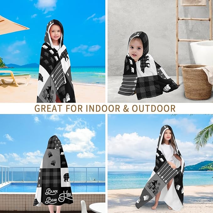 Hooded Bath Towels for Kids, Buffalo Bears Mountains Black Personalized Towel for Swimming Robe | Bathing | Beach | Birthday Gifts