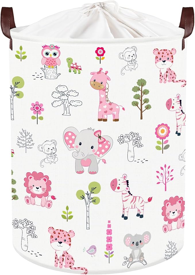 Clastyle Cute Forest Animal Laundry Basket Elephant Lion Kids Clothes Book Storage Basket Gift Toy Box for Bedroom Decor,Pink,36x45 cm