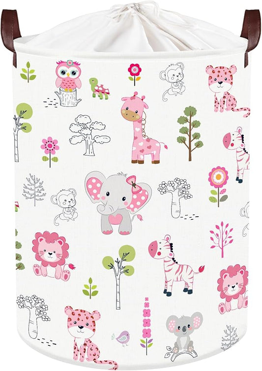 Clastyle Cute Forest Animal Laundry Basket Elephant Lion Kids Clothes Book Storage Basket Gift Toy Box for Bedroom Decor,Pink,36x45 cm