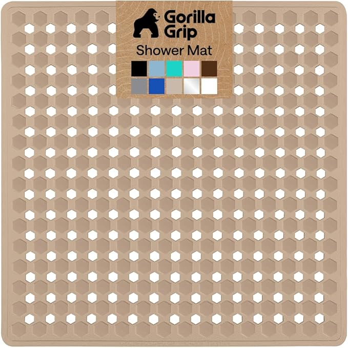 GORILLA GRIP Patented Square Shower Stall Mat, Small Bathtub Floor Mats for Stand Up Showers, Suction Cups and Drainage Holes, Machine Wash, Soft on Feet, Bathroom Accessories 21x21 Inch, Beige Opaque