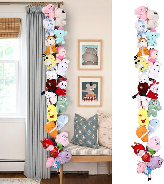 POVETIRE Stuffed Animal Storage Chain, 80 Inch Elastic Band Hanging Storage, White Cotton Stuffed Animal Display for Bedroom Nursery Corner Curtain Rod