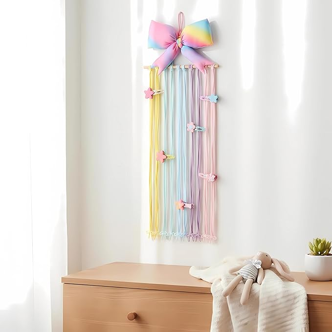 Long Bow Holder for Girls Baby Rainbow Color Bow Hair Bows Clip Organizer 31.5 Inch Baby Hair Accessories Storage Display Hanging Decor for Girls Nursery Room Bedroom Living Room