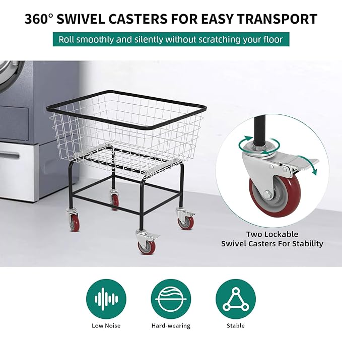 Wire Laundry Cart with Wheels, 2.5 Bushel Rolling Laundry Basket, Commercial Basket Carts for Laundry Room, Hotel, Home, Apartment Use, Durable Steel Frame with Galvanized Finish, 5" Casters
