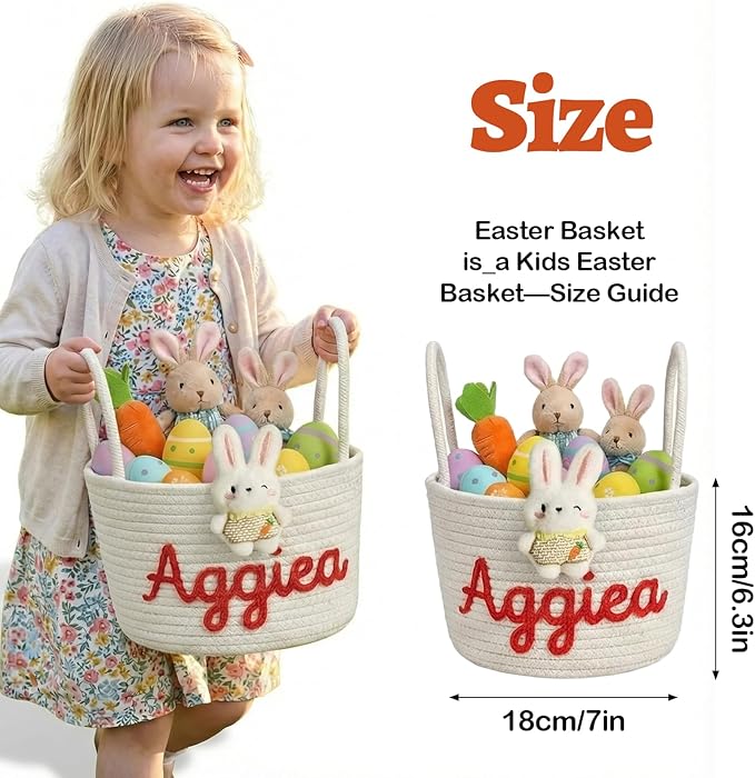 Personalized Easter Basket for Kids with Name - Custom Cute Embroidery Easter Bunny Rope Basket for Boys Girls, Easter Egg Hunt Basket (Two Handles+7 Colors)