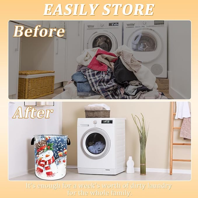 Christmas Laundry Basket, Winter Snowman Laundry Hamper Foldable Waterproof Oxford Cloth Funny Tote Bag Dirty Clothes Storage Bucket Toy Organizer for Bathroom/Laundry/Bedroom 15.7"x19.6"