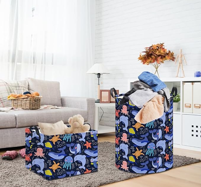 19.7" Laundry Basket, Dirty Clothes Hamper, Waterproof Storage Bin, Room Decor, Gift Baskets,Nursery Hamper(Line Ocean)