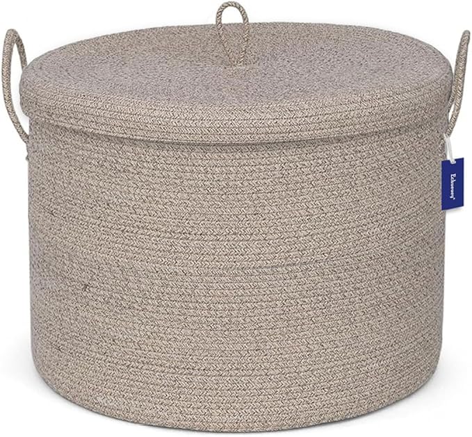 21" x 18" Extra Large storage baskets,Decorative blanket basket with lid for Living room,rope baskets with lid,wicker hamper for bedroom,Big,Round,Brow