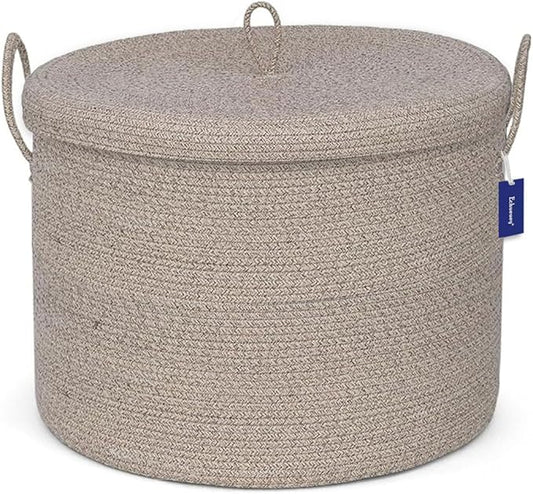 21" x 18" Extra Large storage baskets,Decorative blanket basket with lid for Living room,rope baskets with lid,wicker hamper for bedroom,Big,Round,Brow