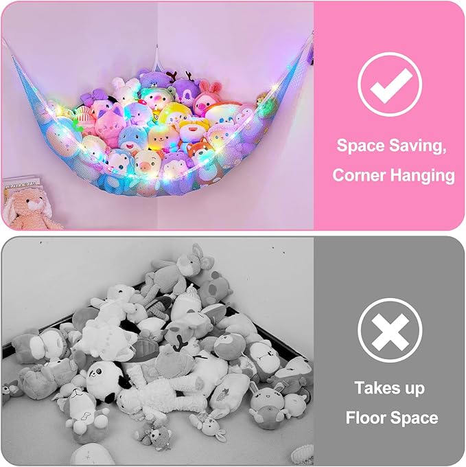 Basumee Stuffed Animals Net or Hammock with LED Light Hanging Toy Net Hammock for Stuffed Animals Storage Stuff Animals Hammocks for Nursery Room with Remote Control, 8 Kinds of Lights(Pack of 1)