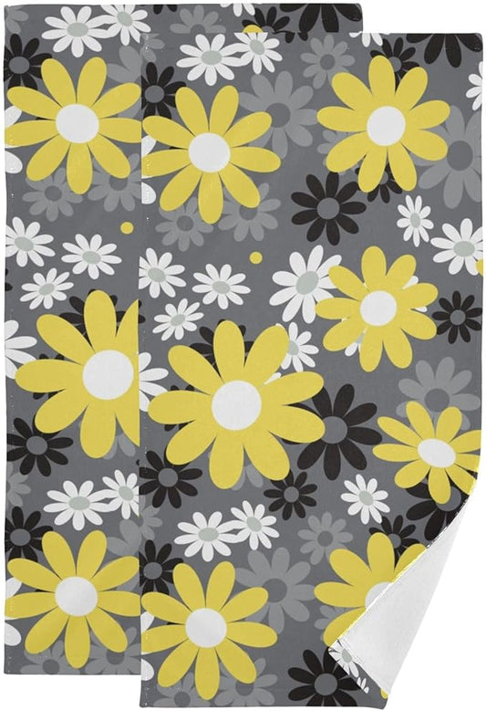 2 Pack Vintage Daisy Hand Towels,Microfiber Absorbent Abstract White Yellow Floral Bathroom Towels,Quick Drying Black Grey Kitchen Towels,Hand Towels for Bathroom,Shower,Guest,Face 14"x28"