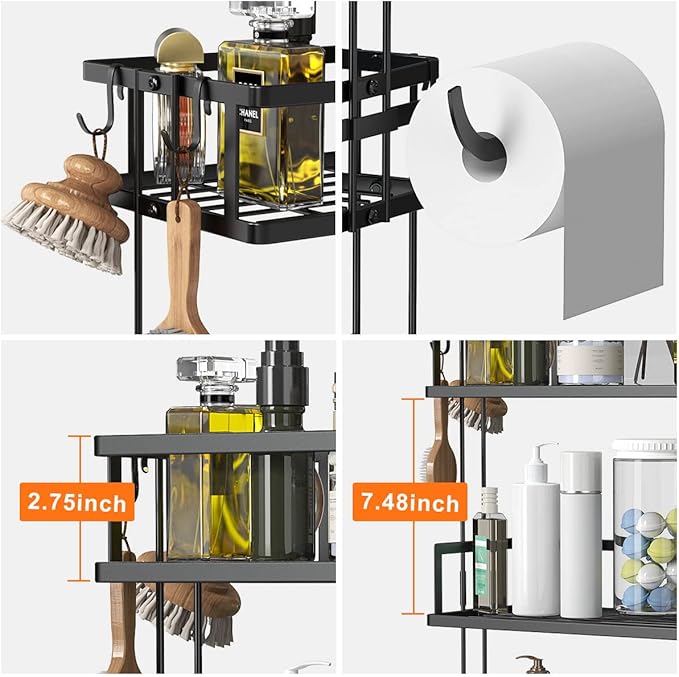 Over The Toilet Storage,3-Tier Bathroom Organizer Shelves with Paper Holder, Multifunctional Toilet Rack,No Drilling Storage Shelf, Home Storage Space Saver Wall Mounting Design,White